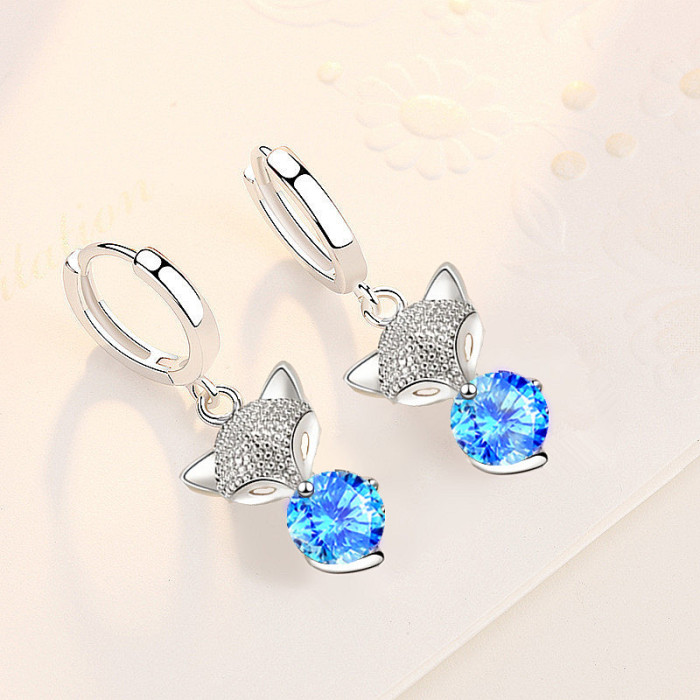 Wholesale S925 Sterling Silver Trendy  Women's Fashion Jewelry High Quality Fox Drop Earrings Blue Pink Crystal Zircon Earrings