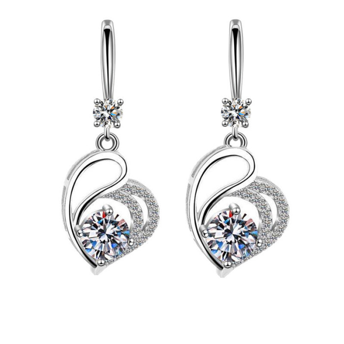Wholesale S925 Sterling Silver Trendy  Women Fashion Jewelry High Quality Crystal Zircon Long Tassel Hanging Heart Love Earrings