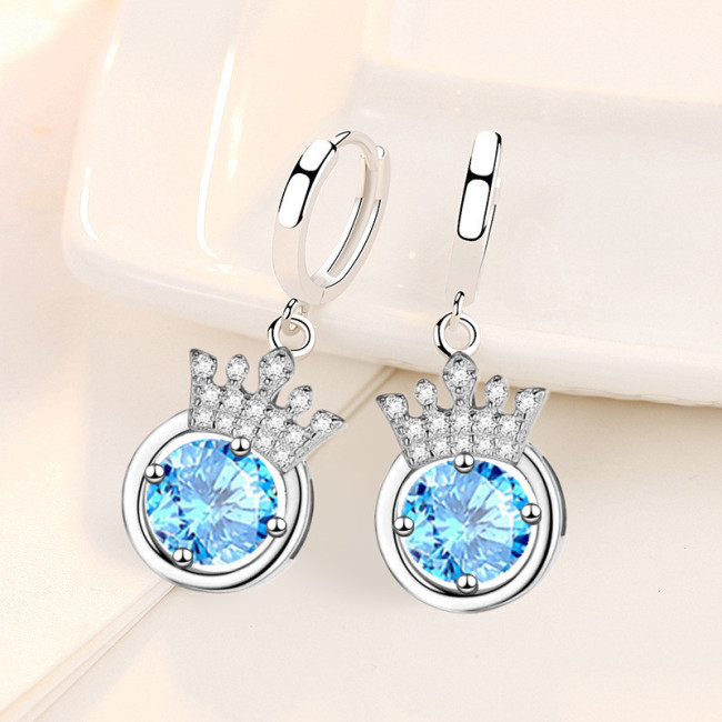 Wholesale S925 Sterling Women Fashion Jewelry High Quality Blue Pink Cubic Zirconia Crown Hot Selling Earrings
