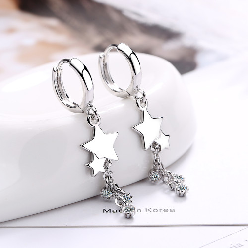 Wholesale S925 Sterling Silver Women Fashion Jewelry High Quality Crystal Zircon Simple Star Exaggerated Long Fringed Earrings