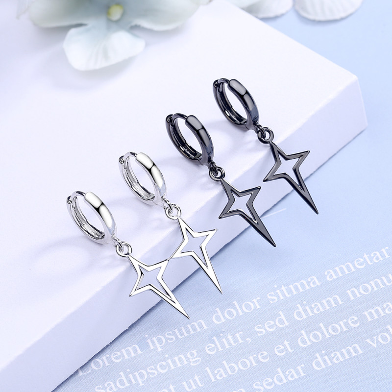 Wholesale S925 Sterling Silver Women Fashion Jewelry High Quality Black Thai Silver Star Simple Retro Long Tassel Earrings