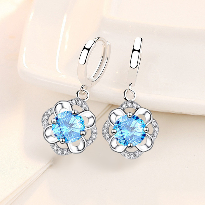 Wholesale S925 Sterling Silver Women Fashion Jewelry High Quality Blue Crystal Zircon Flower Earrings Drop Earrings