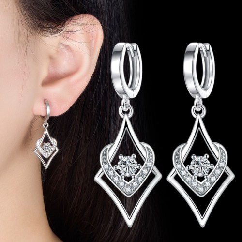 Wholesale S925 Sterling Silver Trendy  WomenFashion Jewelry High Quality Crystal Zircon Heart Love Crop Tassel Hook Earrings w63