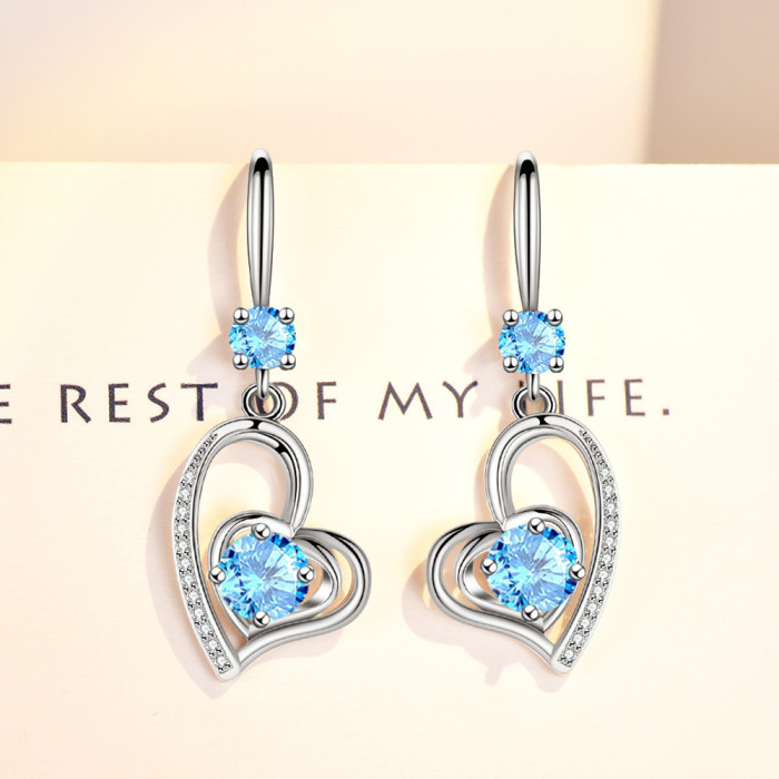 Wholesale S925 Sterling Women Fashion Jewelry High Quality Blue Cubic Zirconia Crystal Heart Love Hook Earrings