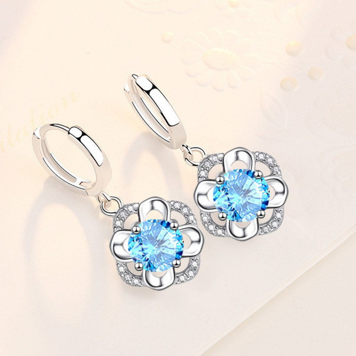 Wholesale S925 Sterling Silver Women Fashion Jewelry High Quality Blue Crystal Zircon Flower Earrings Drop Earrings