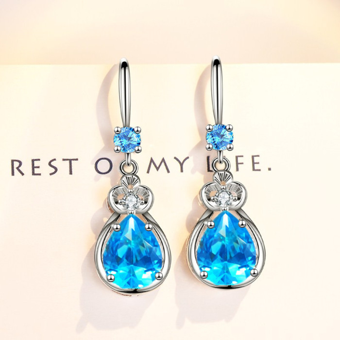 Wholesale S925 Sterling Women Fashion Jewelry High Quality Blue Cubic Zirconia  Hook Drop Dangle Crystal Earrings
