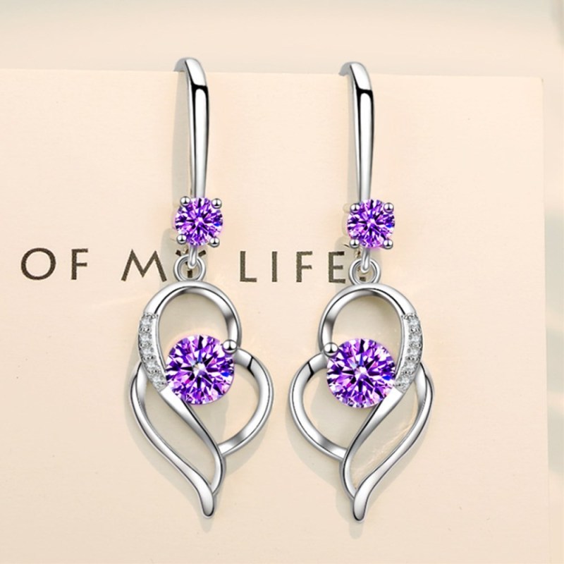 Wholesale S925 Sterling Silver Women Fashion Jewelry Earrings Blue Crystal Zircon Heart Love Hollow Long Tassel Hook Earrings