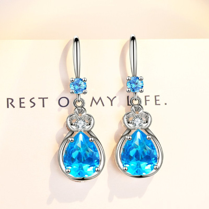 Wholesale S925 Sterling Women Fashion Jewelry High Quality Blue Cubic Zirconia  Hook Drop Dangle Crystal Earrings