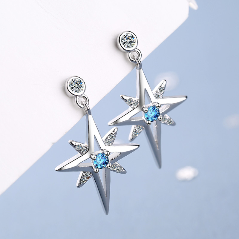 Wholesale S925 Sterling Silver Women Fashion Jewelry High Quality Crystal Zircon Mid-length Tassel Simple Awning Star Earrings
