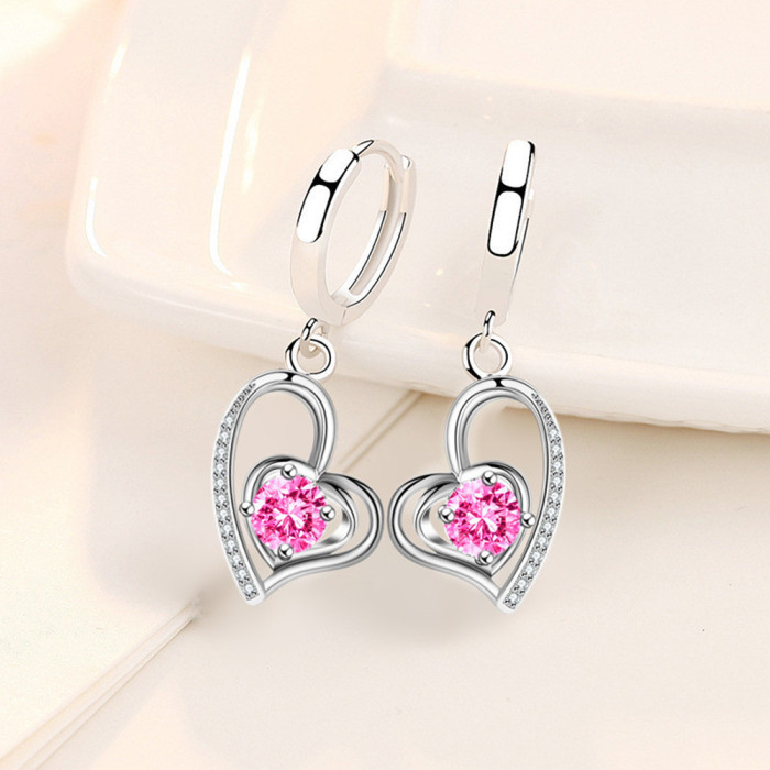 Wholesale S925 Sterling Silver Women Fashion Jewelry High Quality Blue Pink Crystal Zircon Heart Love Hot Selling Earrings
