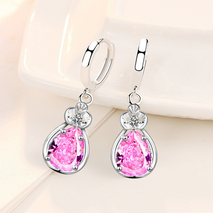 Wholesale S925 Sterling Women Fashion Jewelry High Quality Blue Pink Cubic Zirconia Mid-length Hot Selling Earrings