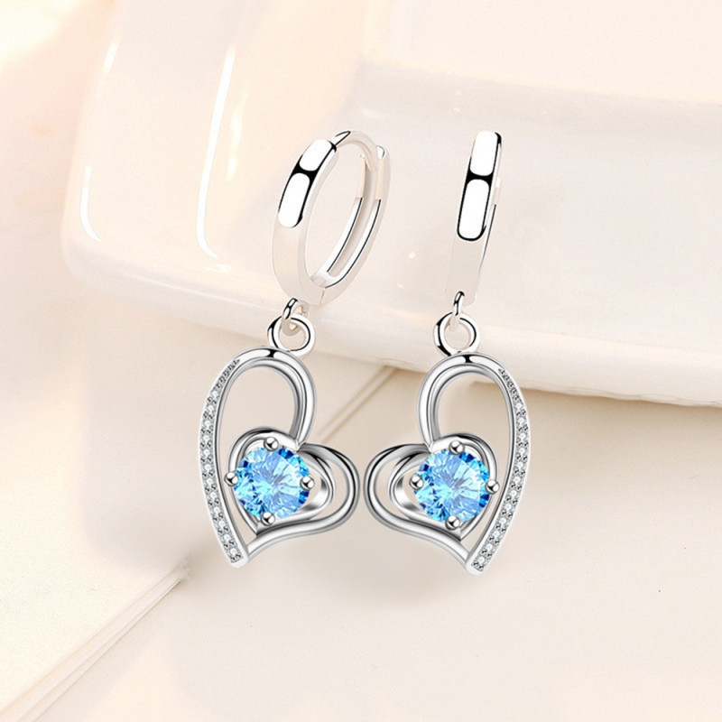 Wholesale S925 Sterling Silver Women Fashion Jewelry High Quality Blue Pink Crystal Zircon Heart Love Hot Selling Earrings