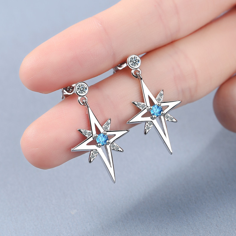 Wholesale S925 Sterling Silver Women Fashion Jewelry High Quality Crystal Zircon Mid-length Tassel Simple Awning Star Earrings