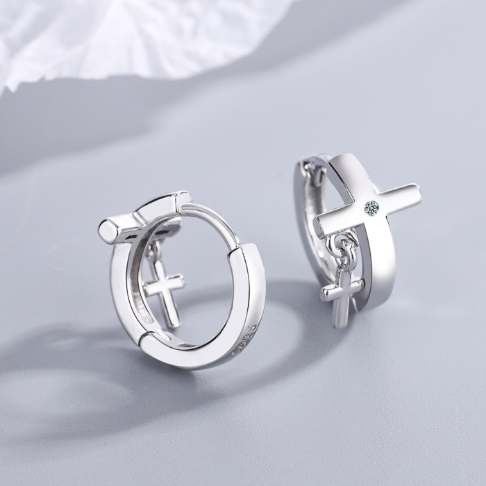 Wholesale S925 Sterling Silver Trendy  Women's Fashion Jewelry High Quality Crystal Zircon Cross Simple Trendy Hoop  Earrings