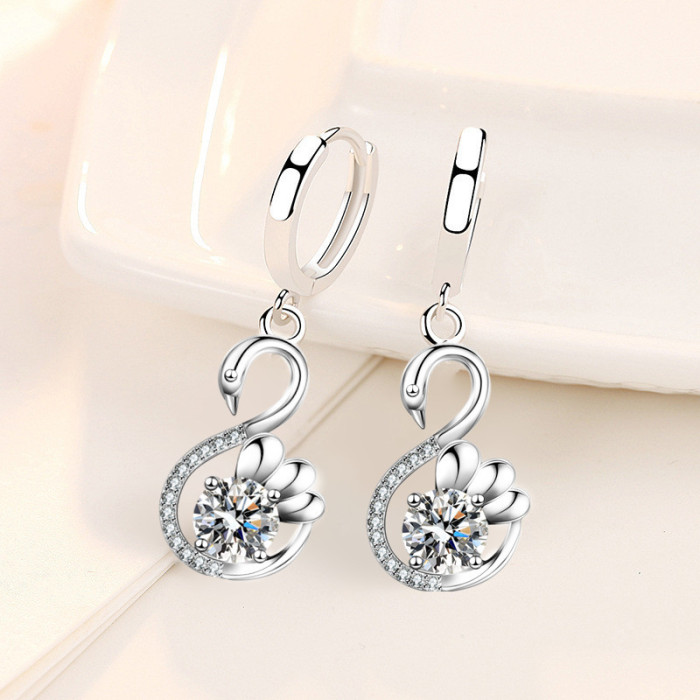 Wholesale S925 Sterling Women Fashion Jewelry High Quality Blue Pink Cubic Zirconia Mid-length Swan Hot Selling Drop Earrings