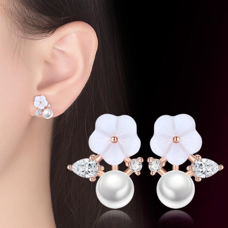 Wholesale 925 Sterling Silver Trendy Women Stud Earrings Retro Simple Cubic Zirconia Flower Freshwater Pearl Jewelry