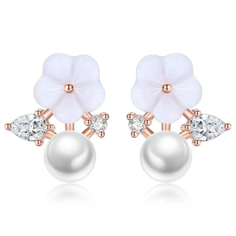Wholesale 925 Sterling Silver Trendy Women Stud Earrings Retro Simple Cubic Zirconia Flower Freshwater Pearl Jewelry  274