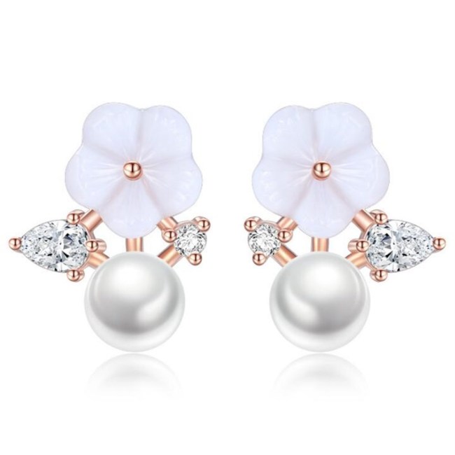 Wholesale 925 Sterling Silver Trendy Women Stud Earrings Retro Simple Cubic Zirconia Flower Freshwater Pearl Jewelry