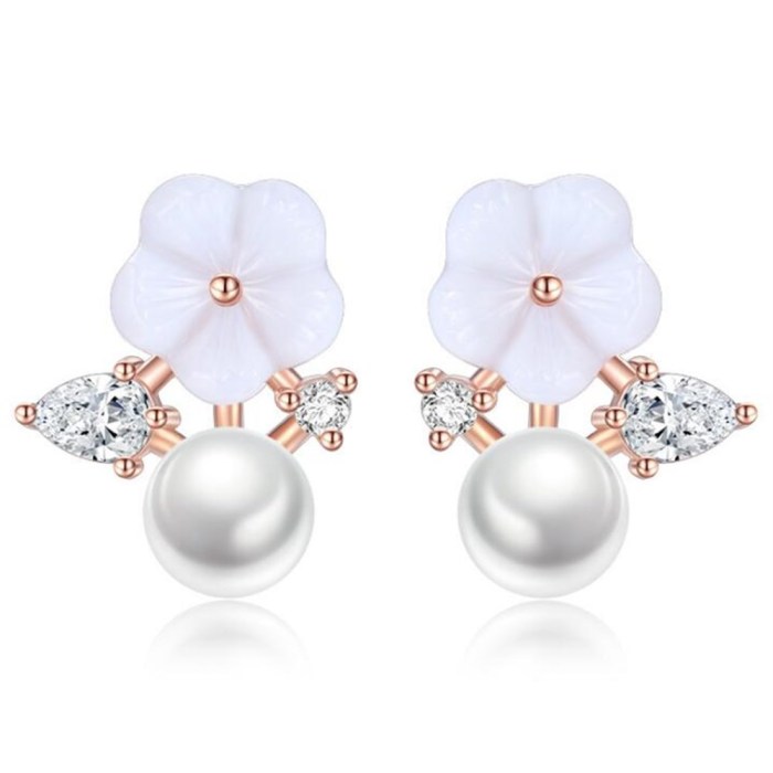 Wholesale 925 Sterling Silver Trendy Women Stud Earrings Retro Simple Cubic Zirconia Flower Freshwater Pearl Jewelry  274