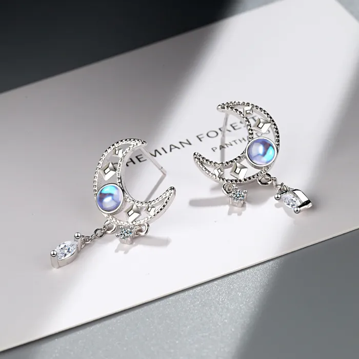 925 Sterling Silver Fine Jewelry Set Moonstone Zircon Opal Moon Earrings Bijoux for Women Gift 843