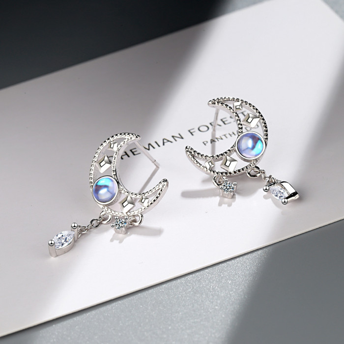 925 Sterling Silver Fine Jewelry Set Moonstone Zircon Opal Moon Earrings Bijoux for Women Gift