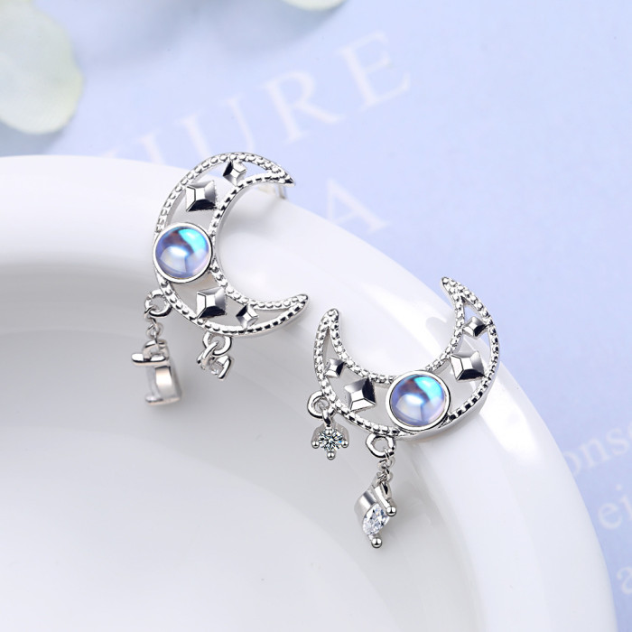 925 Sterling Silver Fine Jewelry Set Moonstone Zircon Opal Moon Earrings Bijoux for Women Gift