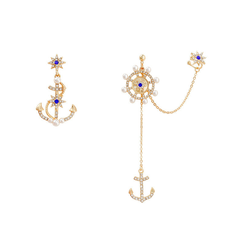Women Girls Navy Sailor Style Crystal Rhinestone Anchor Ear Studs Cuff Earrings Jewelry Gifts