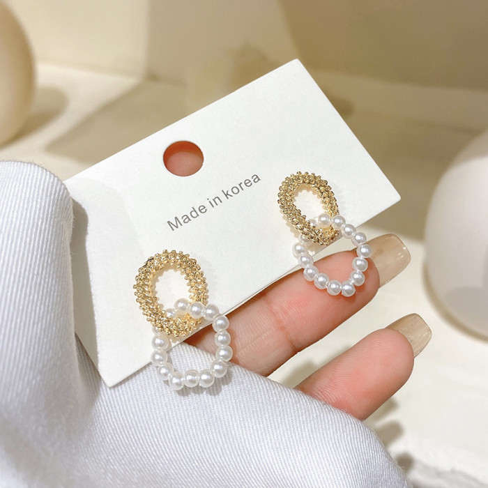 Korean Simple Earrings New Trendy Double Circles Pearl Small Earrings Trendy Jewelry for Women