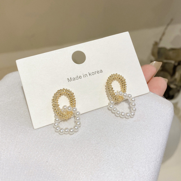 Korean Simple Earrings New Trendy Double Circles Pearl Small Earrings Trendy Jewelry for Women