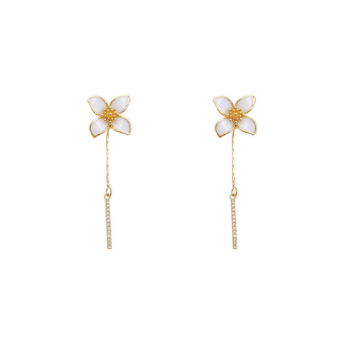 Elegant Black White Enamel Pearl Flower Zircon Tassel Earrings Women Fashion Accessories Jewelry Gift