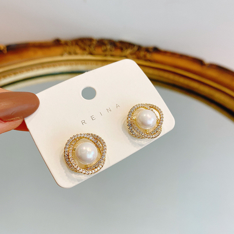 Fashion Women Zircon Rhinestone Freshwater Pearl Studs Earrings Screw Flower Balls Simple Stylish Small Earing Jewelry
