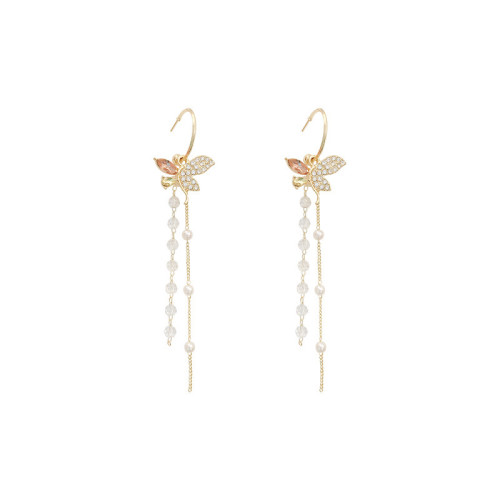 Elegant Fashion Tassel Pearl Shiny Butterfly Rhinestone Earring Trendy Long Pendants Bow Earrings Charm Lady Jewelry