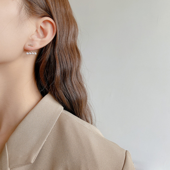 2022 Luxury Elegant Metal Zircon Inlaid Back Hanging Pearl Earrings Korean Fashion Jewelry for Woman Girls Accessories Wholesale