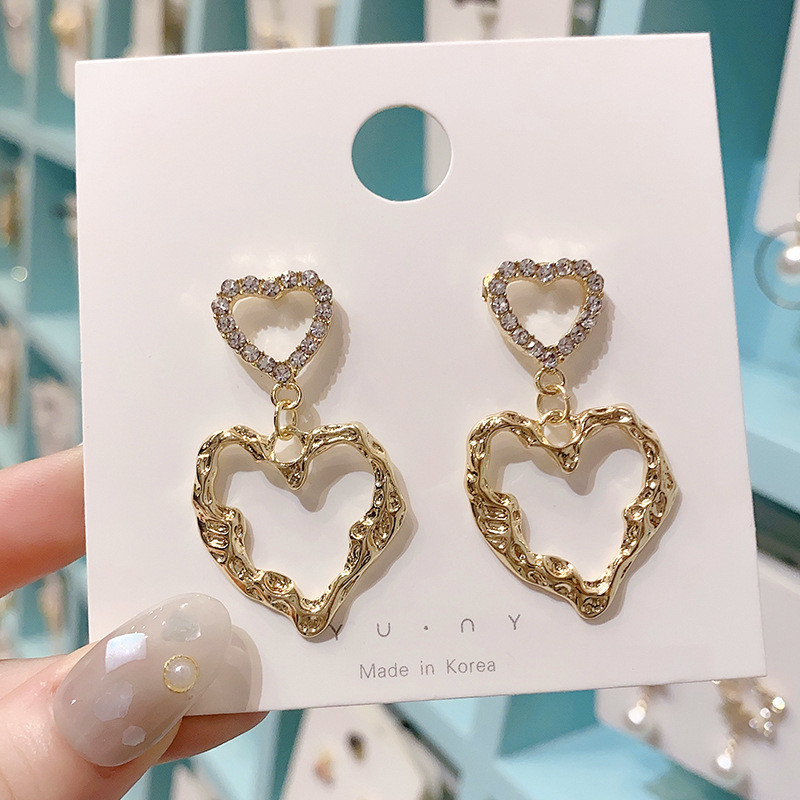 Gorgeous Shiny Rhinestone Heart Dangle Earrings For Women Starry Double Hollow Heart Earrings Bridal Party Wedding Jewelry Gifts