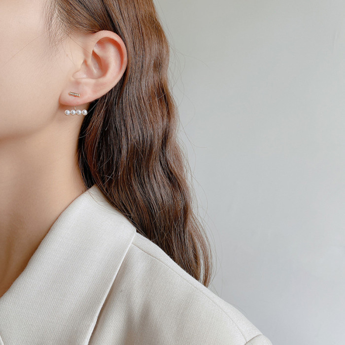 2022 Luxury Elegant Metal Zircon Inlaid Back Hanging Pearl Earrings Korean Fashion Jewelry for Woman Girls Accessories Wholesale