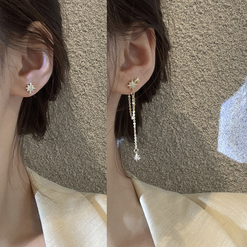 Korean Style Shinny Star Long Tassel Earrings Simple Cute Long Star Asymmetrical Earrings for Women Party No Piercing