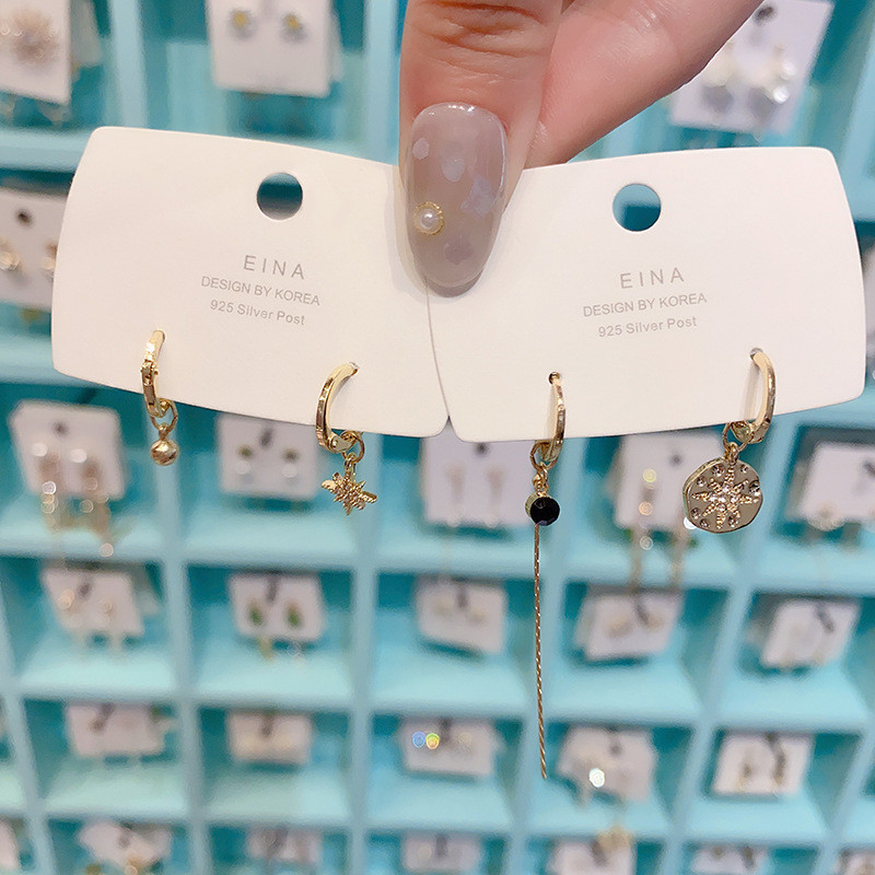 Silver Color Star Tassel Asymmetric Hoop Earrings for Women Round Disc Gold Earrings CZ Wedding Jewelry