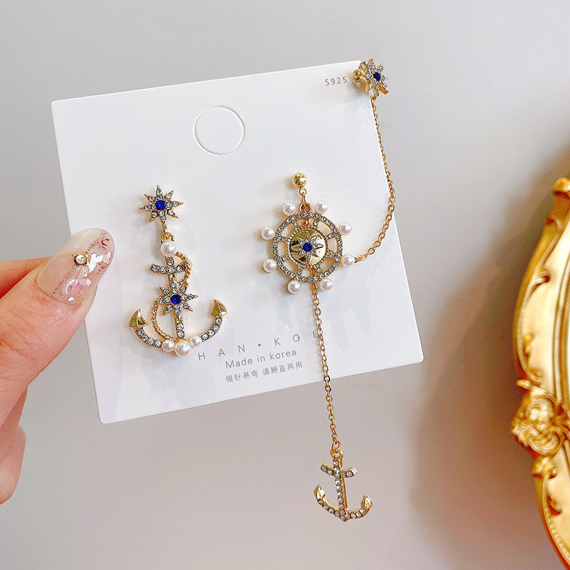 Women Girls Navy Sailor Style Crystal Rhinestone Anchor Ear Studs Cuff Earrings Jewelry Gifts