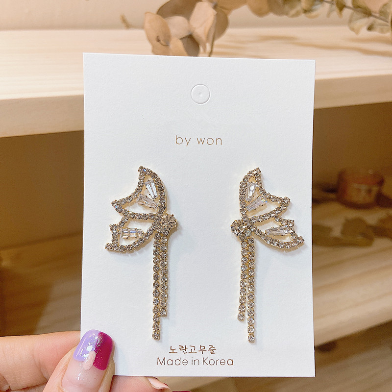 Long Hollow Zircon Butterfly Tassel Exaggerated Earrings Female Fashion Trendy Earrings Popular Exquisite Gifts