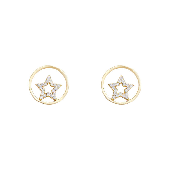 Personality Circles Star Inlaid Earrings for Women Fashion Gold Color Jewelry Trendy  Retro Round Circle Star Earrings