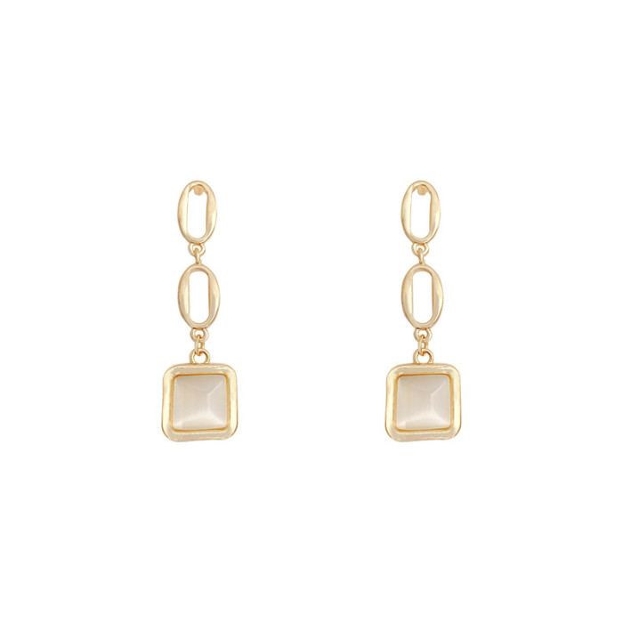 Elegant Shinning Opal Bohemia Thick Chain Hanging Earrings for Women Gold Color Alloy Rhinestones Layed Square Dangle Earrings