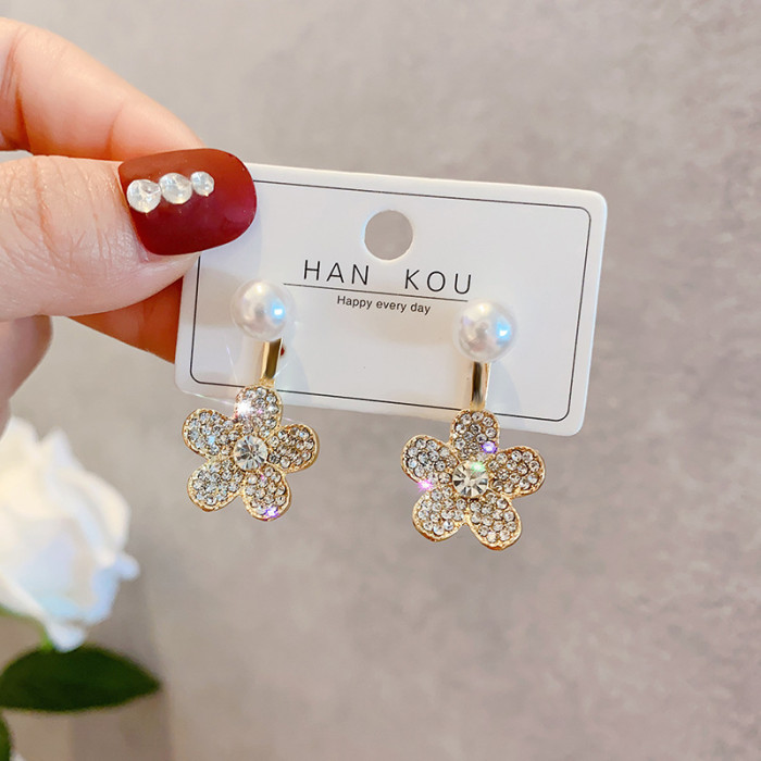 Korean Delicate Micro Paved Zircon Flower Drop Earrings For Women Girls Elegant Pearl Back Hanging Pendientes Jewelry