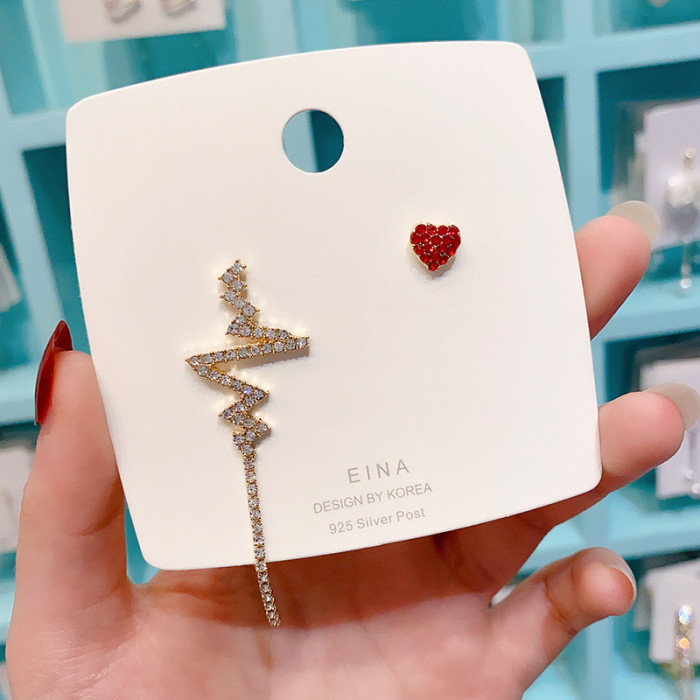 Heartbeat LOVE Earrings Red Zircon Heart Irregular Stud Earring Jewelry Couple Lovers' Gift Wholesale