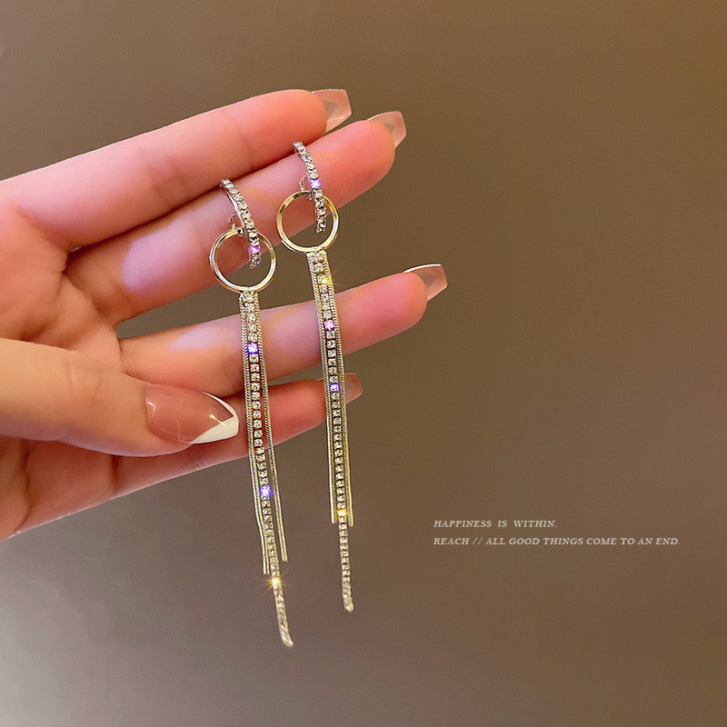 Simple Double Circle Long Tassel Earrings for Women Elegant CZ Crystal Pendant Fashion Party Wedding Korean Jewelry
