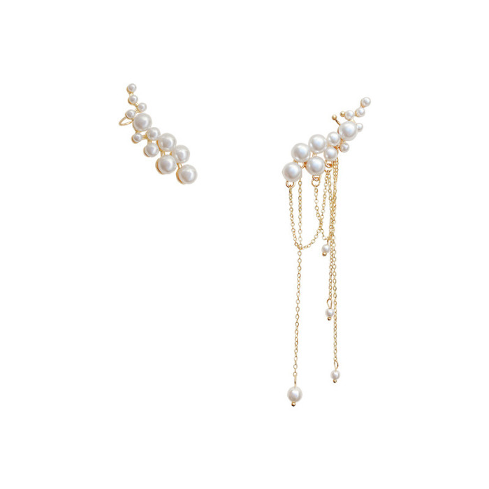 French Pearl Tassel Asymmetric Ear Bone Clip All In One Earrings for Women Korean Fashion Earring Birthday Party Jewelry Gifts