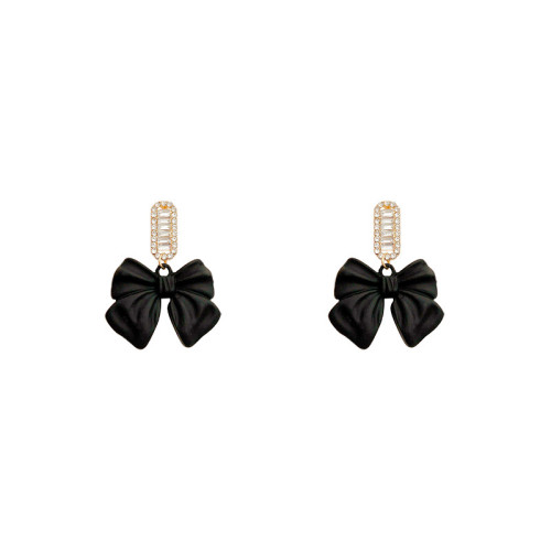 Korean Style Black Bowknot Dangle Earrings for Women Rhinestone Earrings Weddings Party Jewelry Accessories