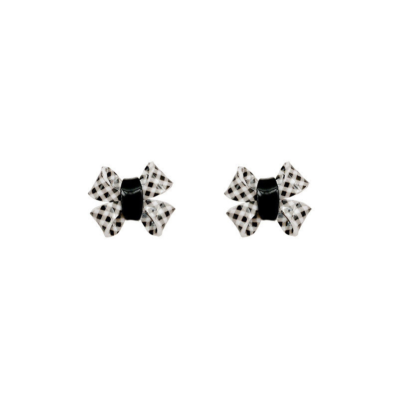 Women Jewelry Delicate Black White Plaid Bow Earrings Sweet Pearls Black White Stud Earrings for Girl Lady Gift Wholesale