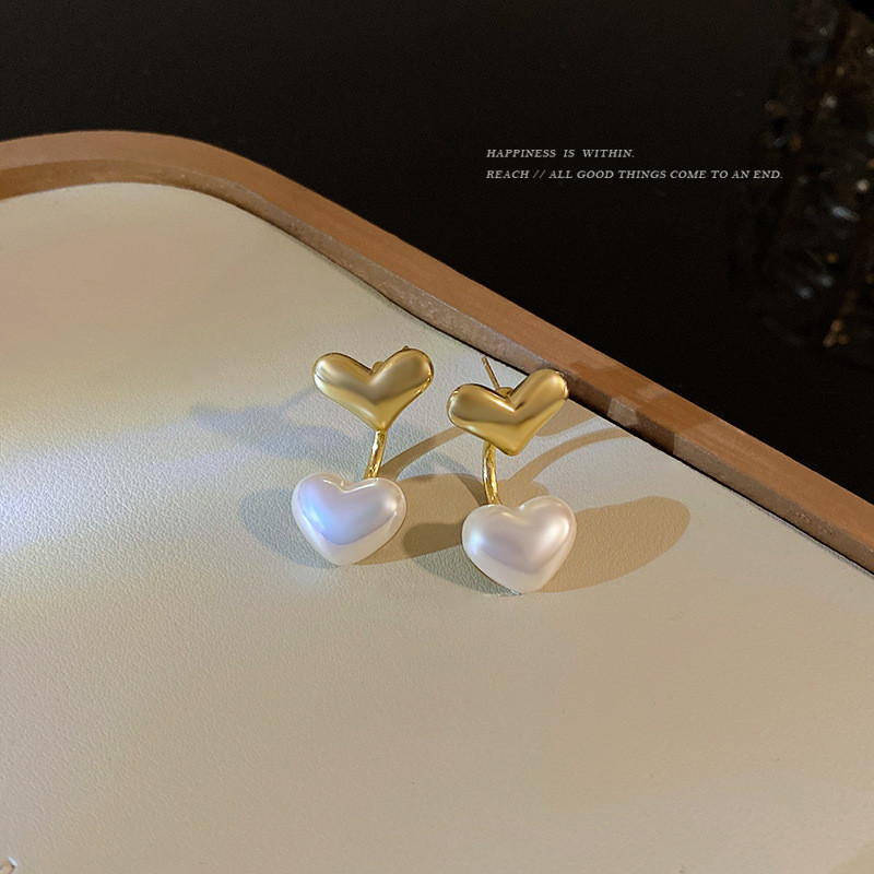 Double Heart Metal Pearl Earrings for Women Stainless Steel Back Hanging Earrings Minimalist Unique Jewelry Dainty Non Tarnish