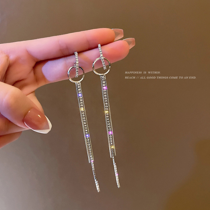 Simple Double Circle Long Tassel Earrings for Women Elegant CZ Crystal Pendant Fashion Party Wedding Korean Jewelry