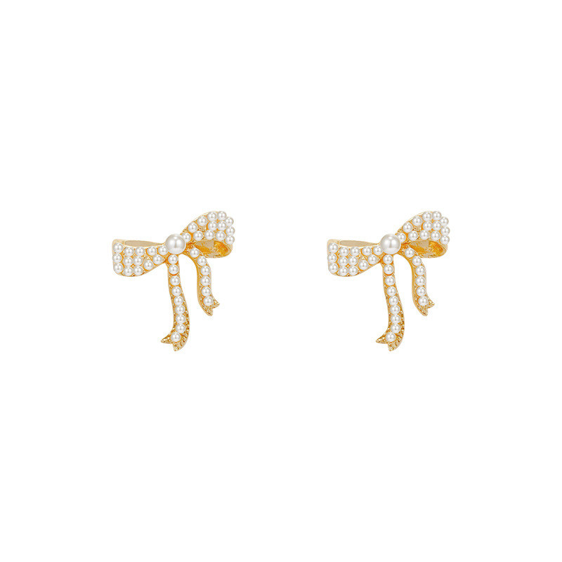 Korean Hot Selling Fashion Jewelry Exquisite 14K Real Gold Earrings Inlaid Small Pearl Elegant Bow Female Stud Earrings